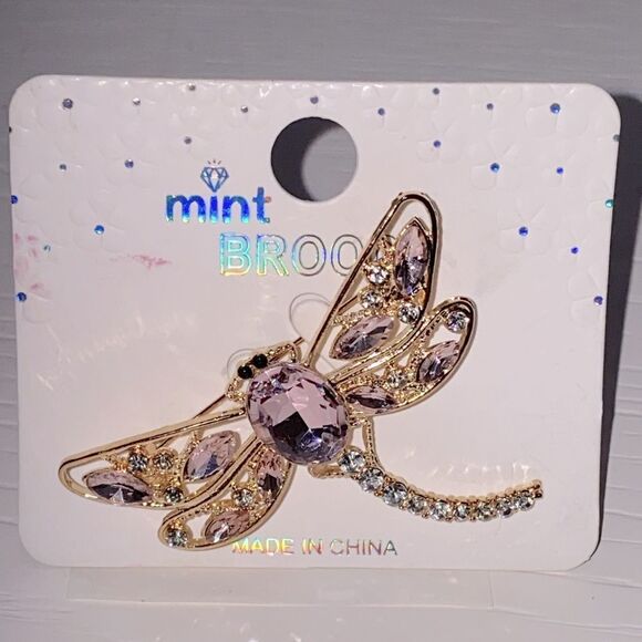 Mint Dragonfly Brooch with Pink and Gold Accents - Picture 3 of 6
